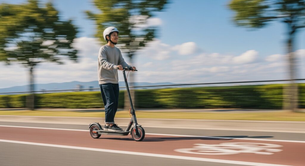 電動キックボードに乗るヘルメットをかぶった笑顔の男性