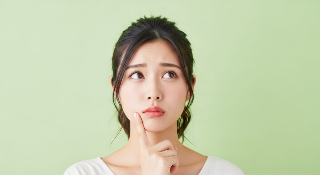 顎に指を当てて考える女性