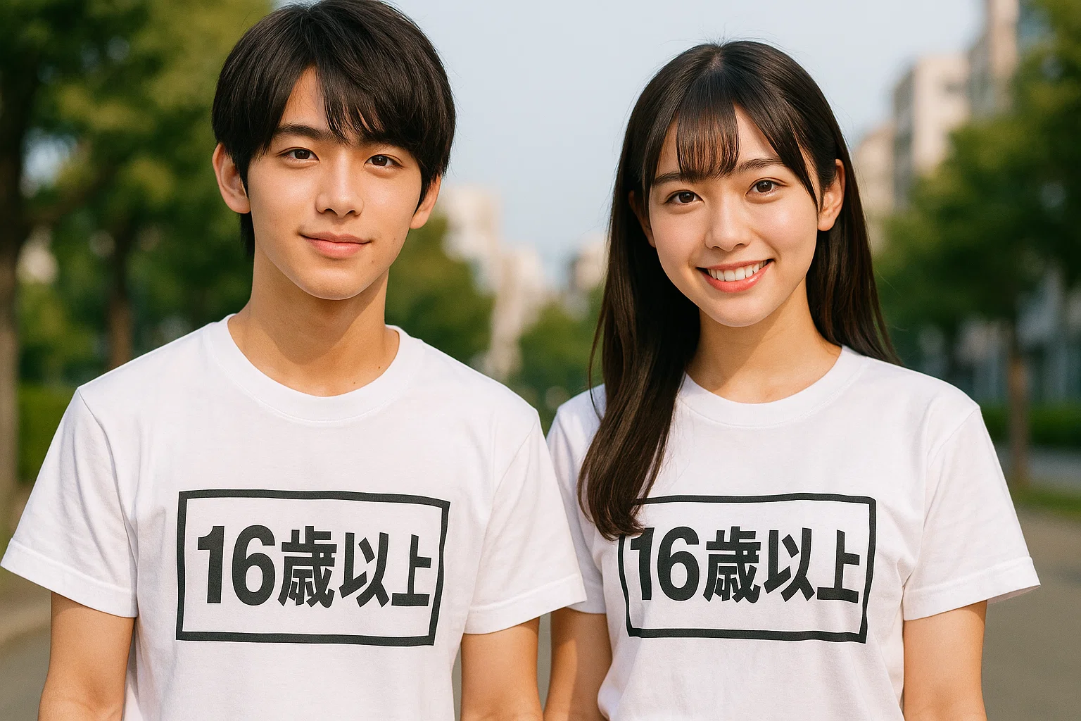 「16歳以上」と書かれたシャツを着た笑顔の若い男女
