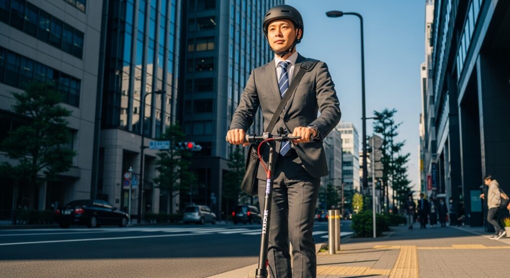 電動キックボードに乗るスーツ姿の男性