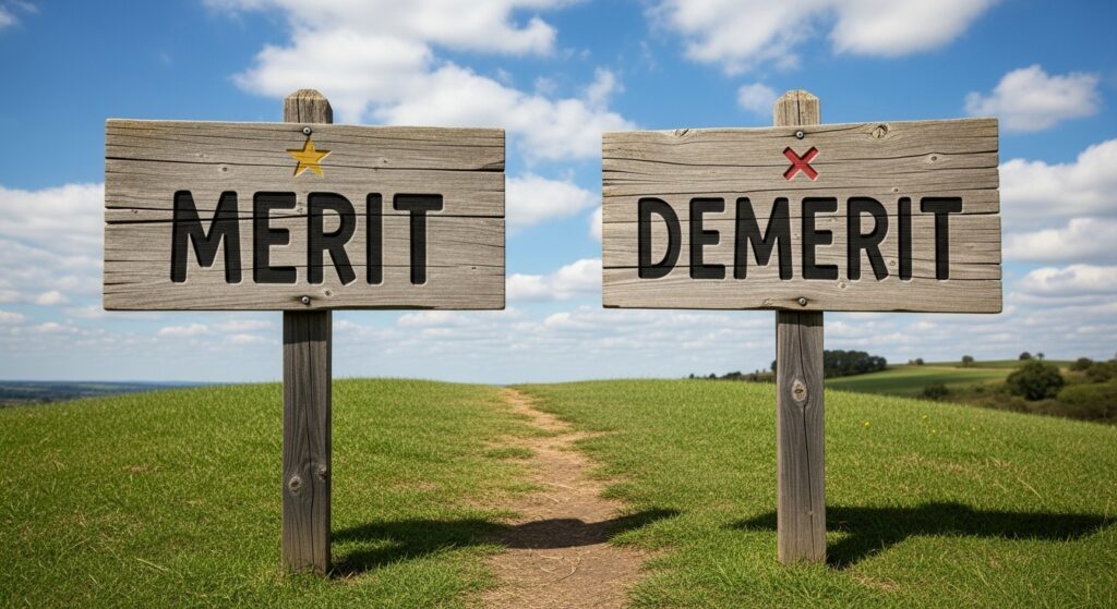 メリットとデメリットを示す木の看板