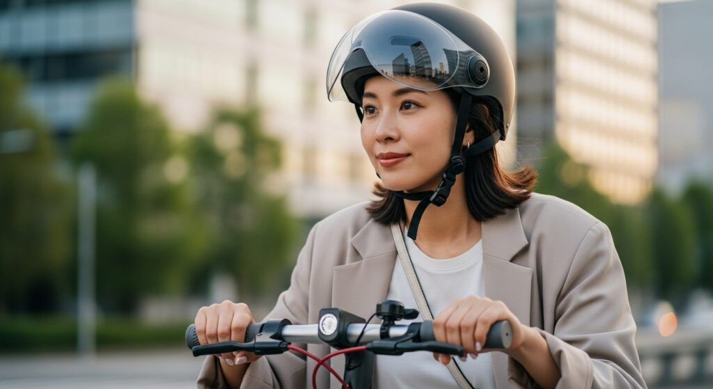 ヘルメットをかぶり電動キックボードに乗る女性