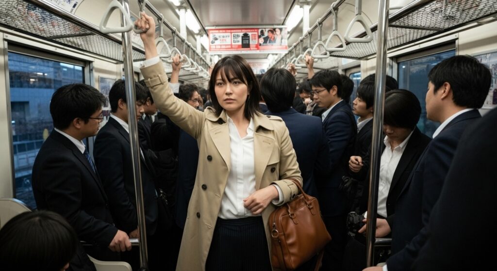 通勤電車のつり革を持つ女性