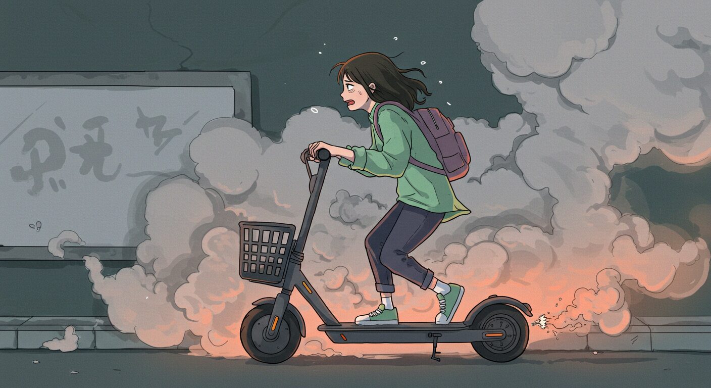 煙の中を電動キックボードで逃げる女性