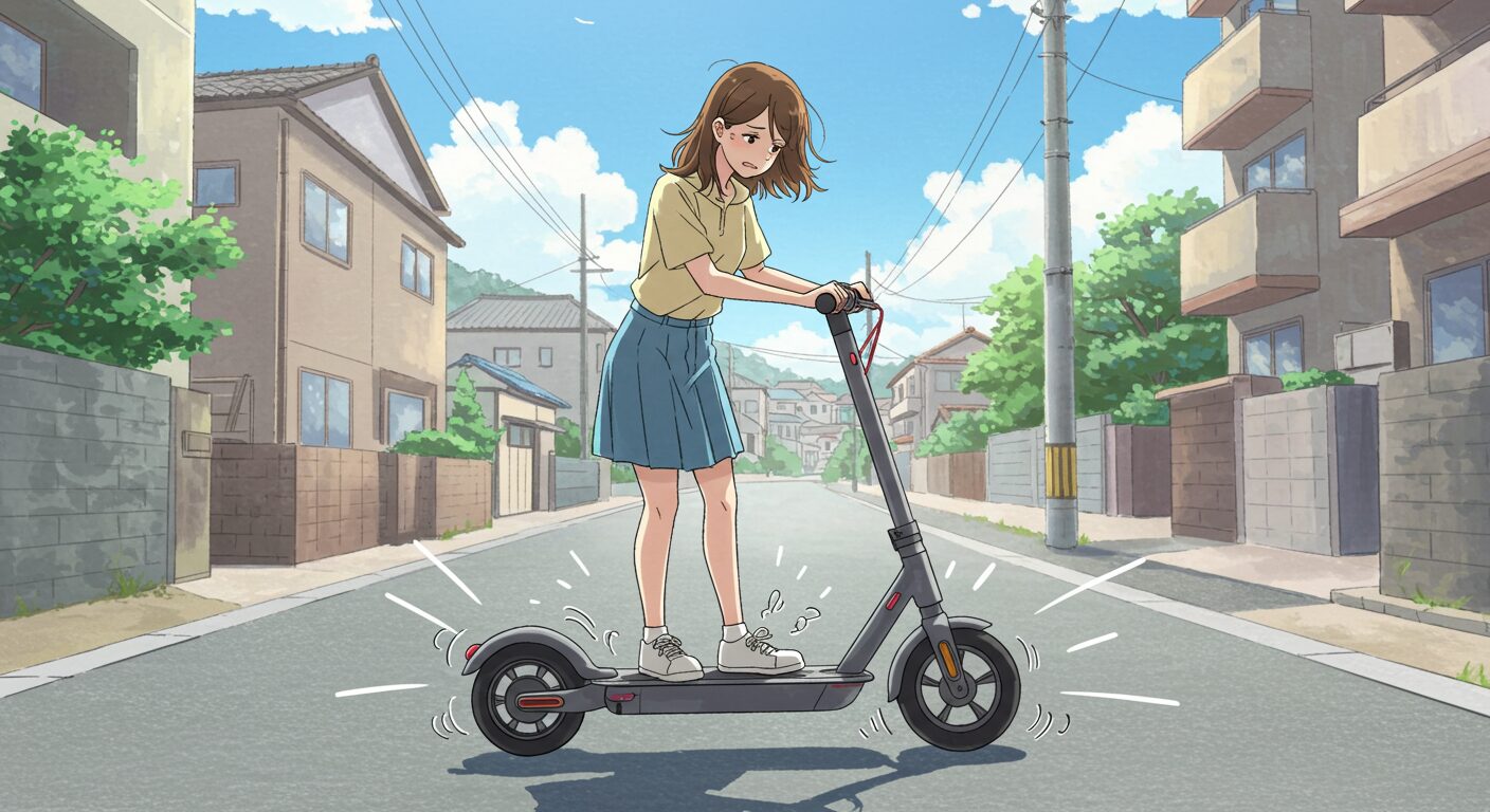 住宅街を電動キックボードで走る女性