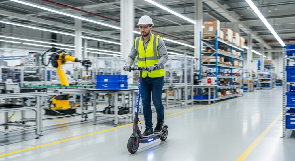 工場で電動キックボードに乗るヘルメットと安全ベストを着た男性