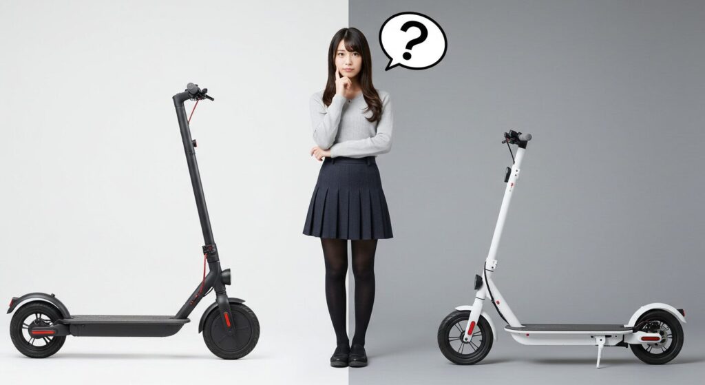 電動キックボードの色で悩む女性