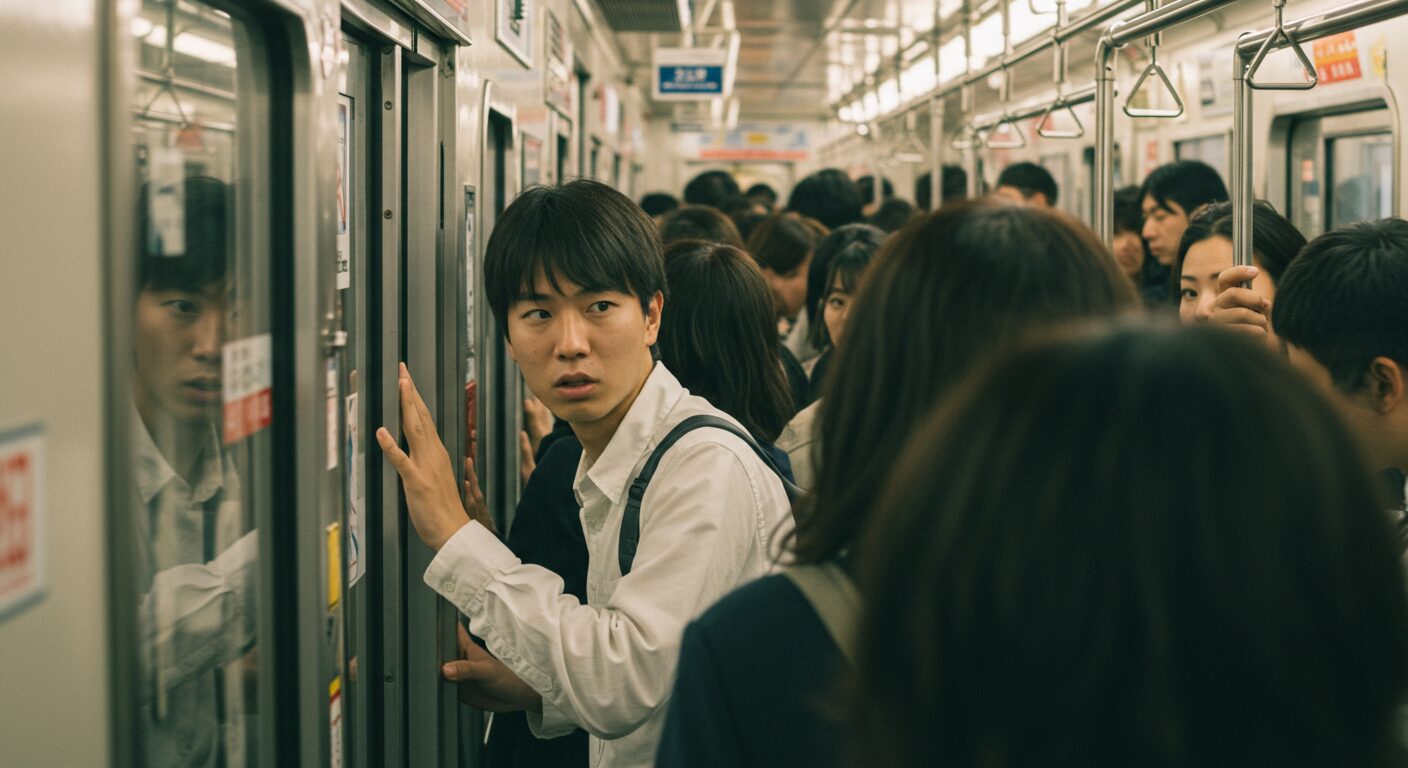 満員電車で不安そうな表情の男性