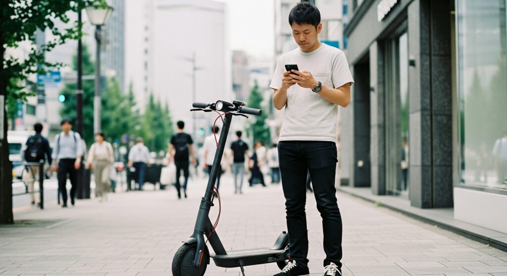 電動キックボードとスマホを見る男性