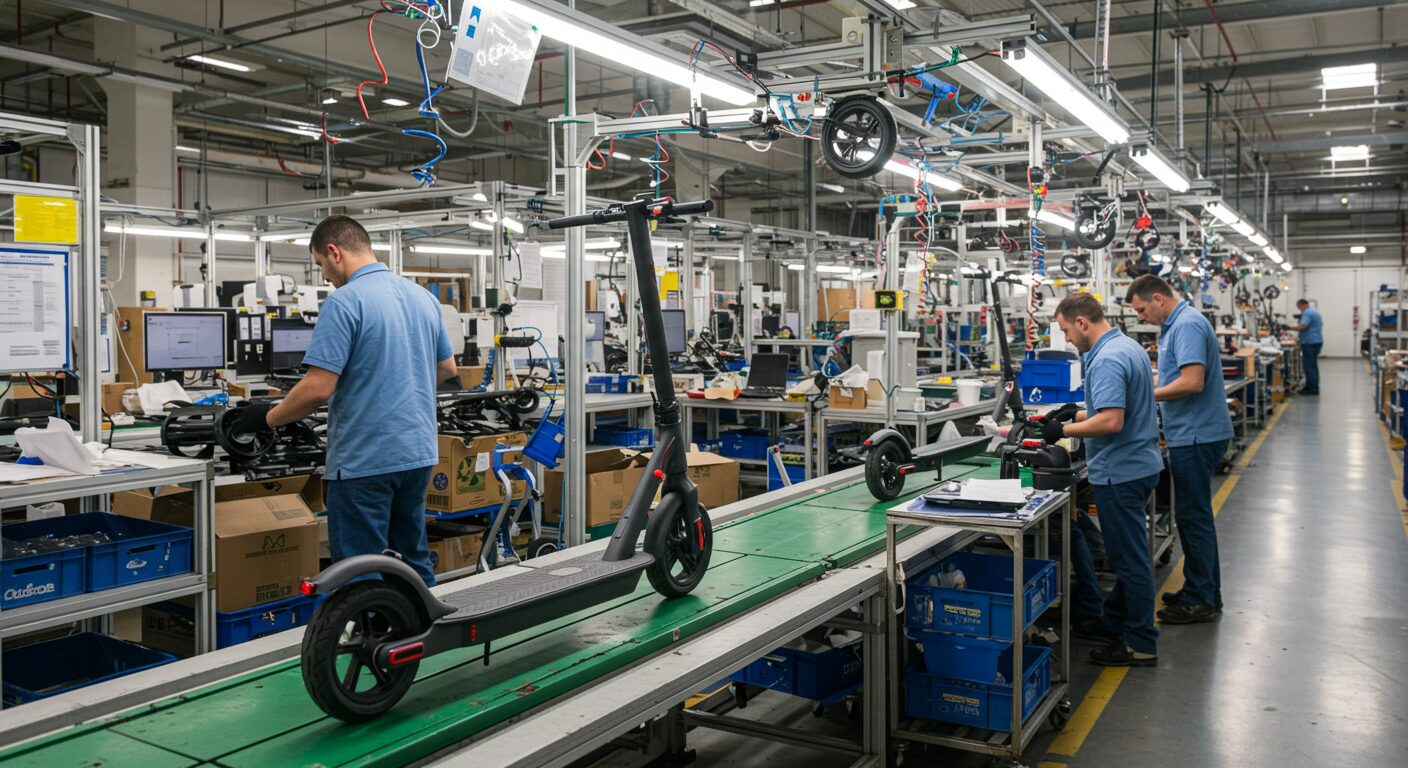 電動キックスケーターの製造ラインで組み立て作業をする人々