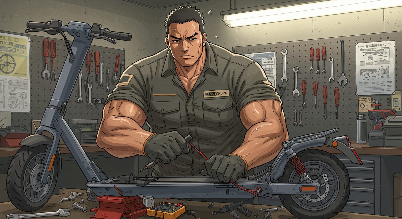 電動キックボードを修理する筋肉質な男性