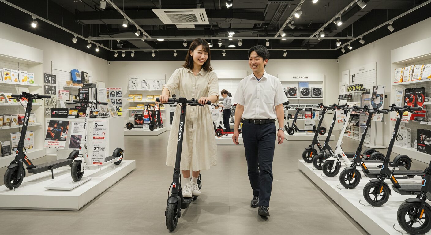 電動キックボードを試乗する女性と見守る男性