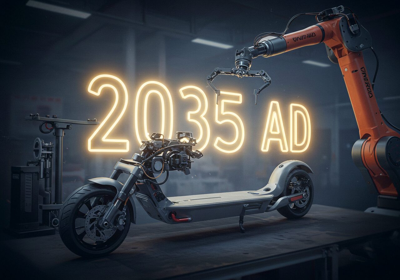 2035年の電動キックスケーター製造風景