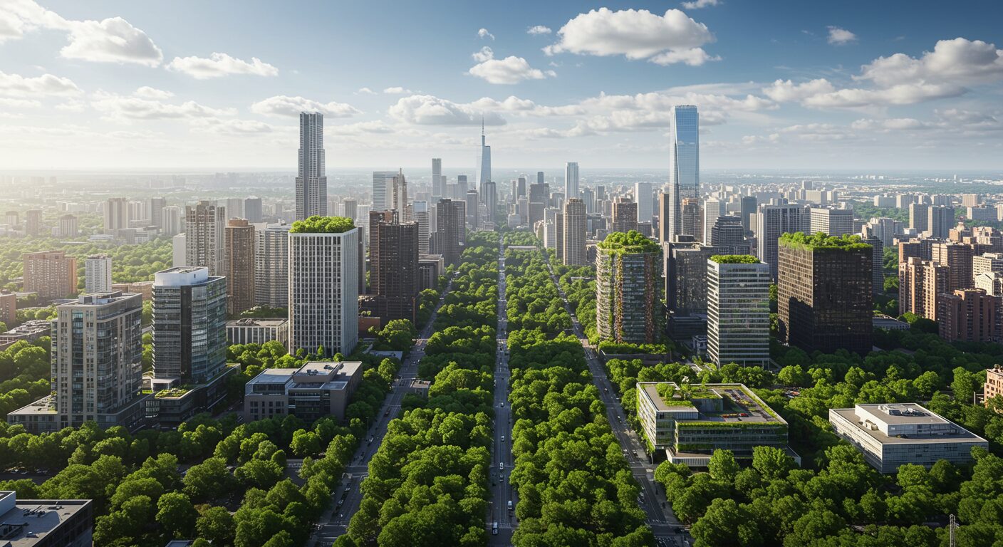 高層ビルが立ち並ぶ緑豊かな都市の風景