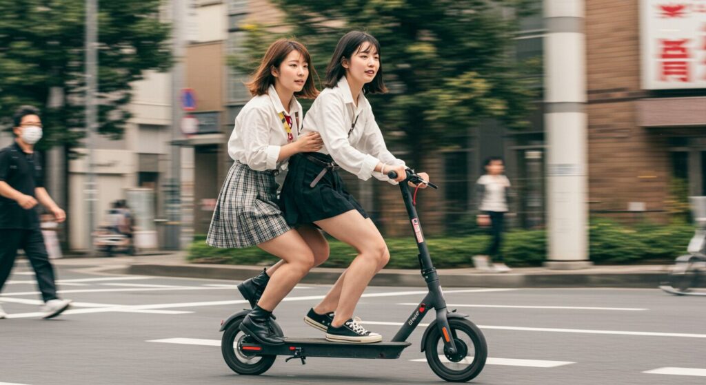 電動キックボードに乗る若い女性二人組