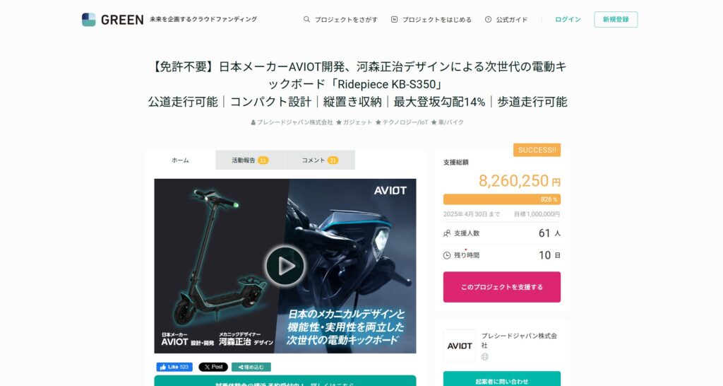電動キックボードのクラウドファンディングページ