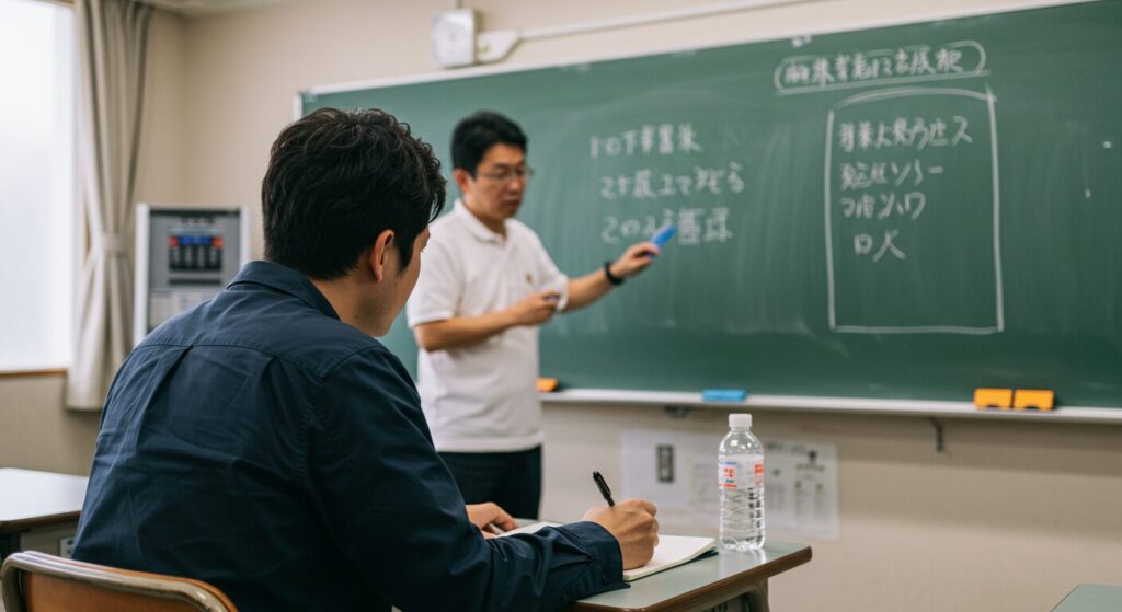 教室で先生が授業をしていて生徒がノートを取っている様子