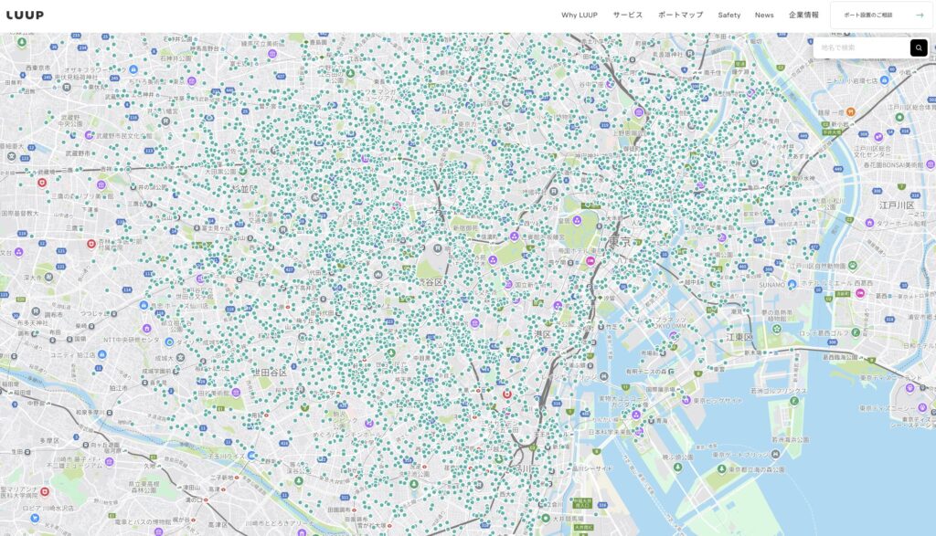 東京都内におけるLuupポートの設置状況を示した地図