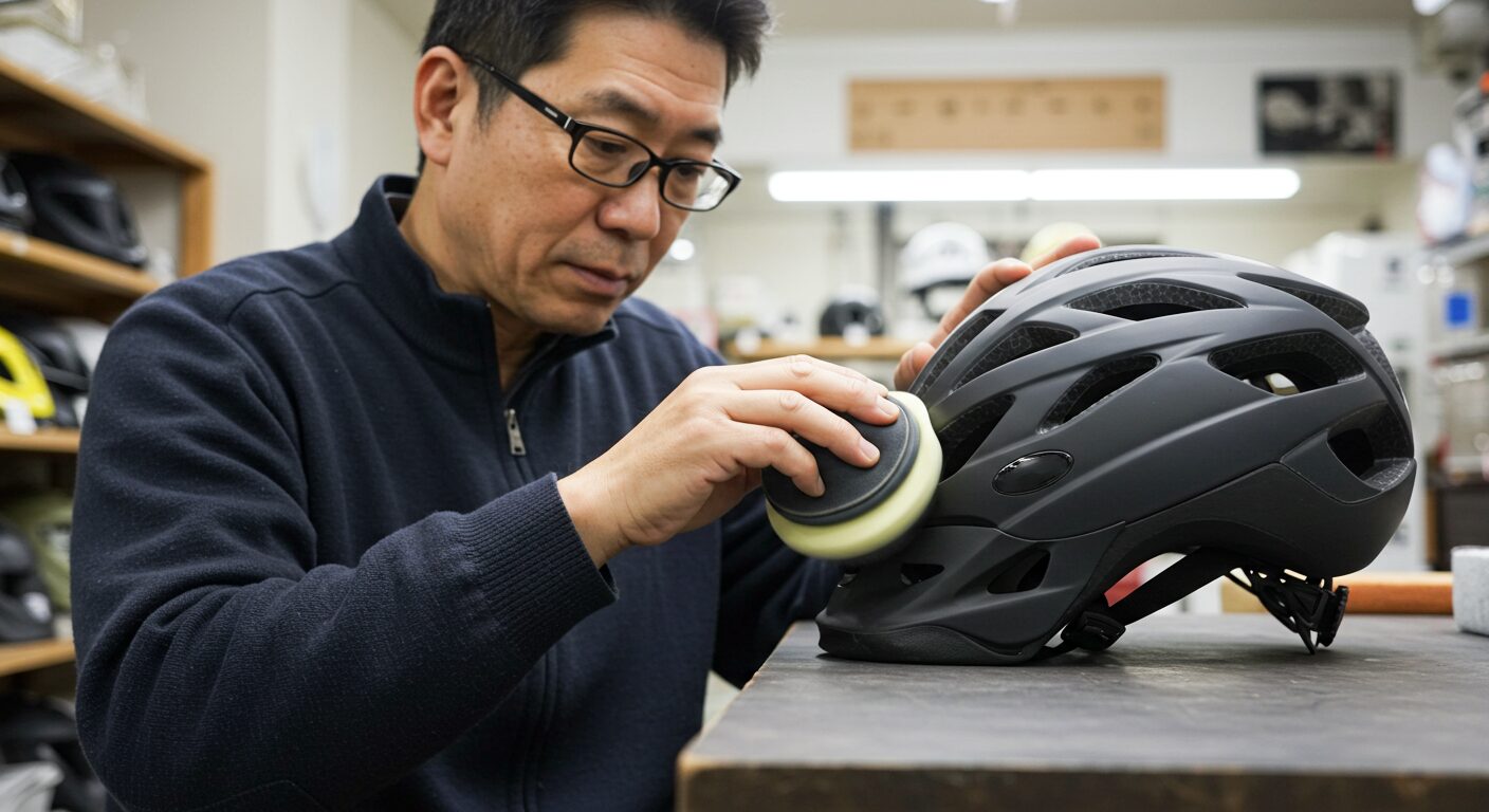ヘルメットを磨く男性