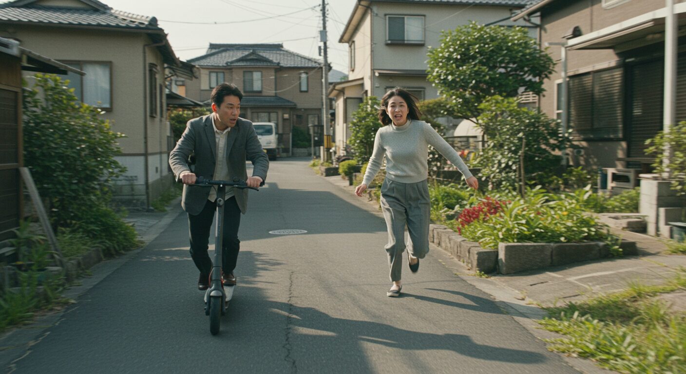 電動キックボードに乗る男性を追いかける女性