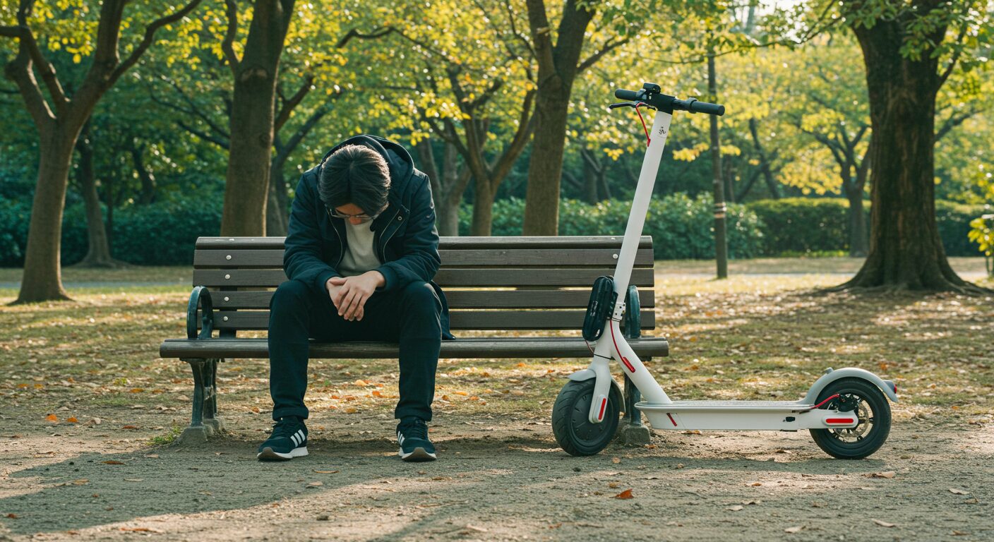 公園のベンチに座って落ち込む男性とそばの電動キックボード