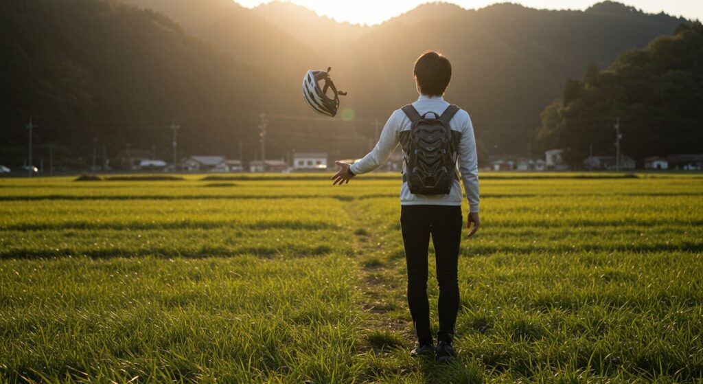 田んぼでヘルメットを投げる後ろ姿の男性