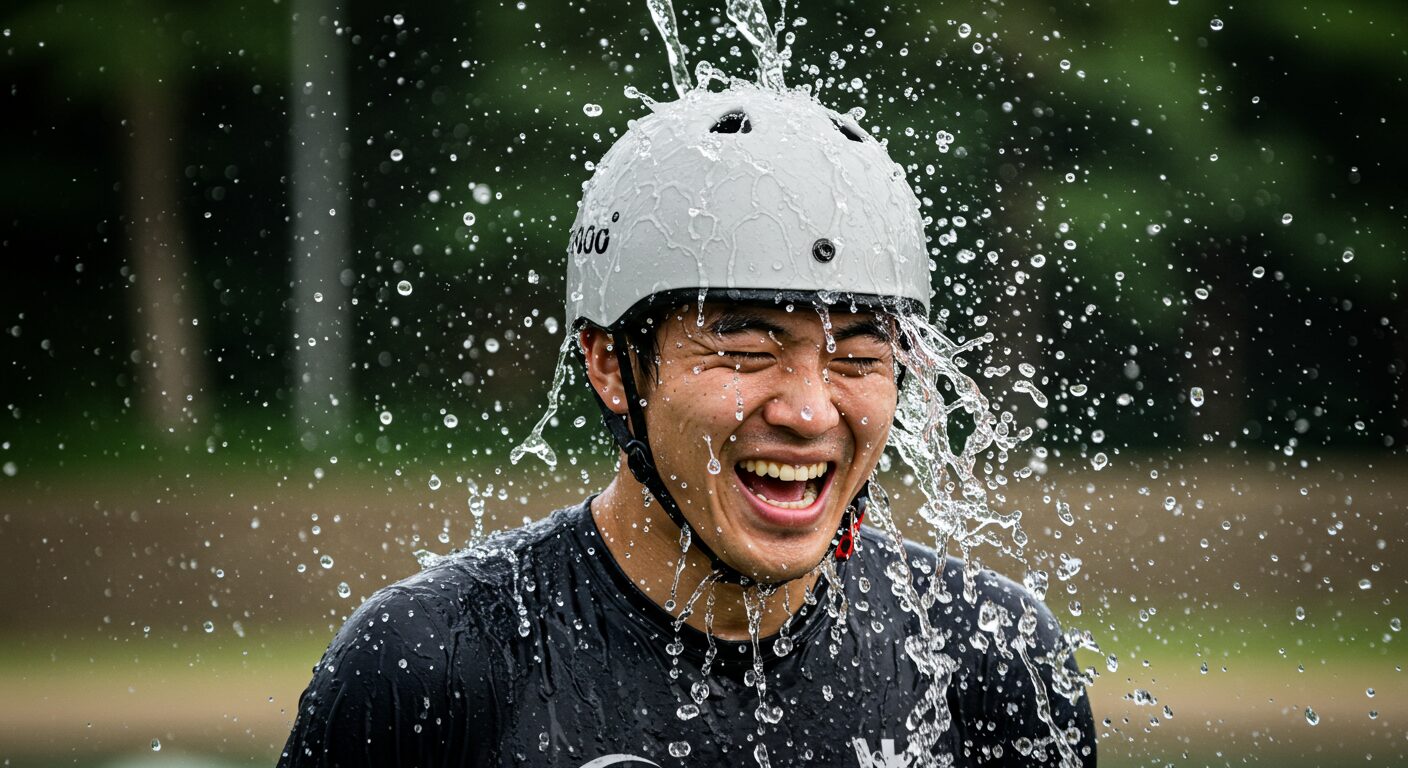 ヘルメットをかぶり水を浴びて笑う男性