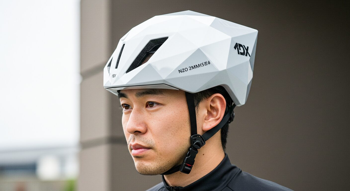 白い自転車用ヘルメットを被った男性