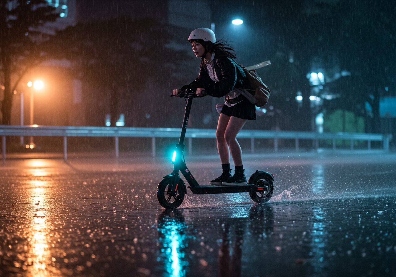 雨の中電動キックボードに乗る女性