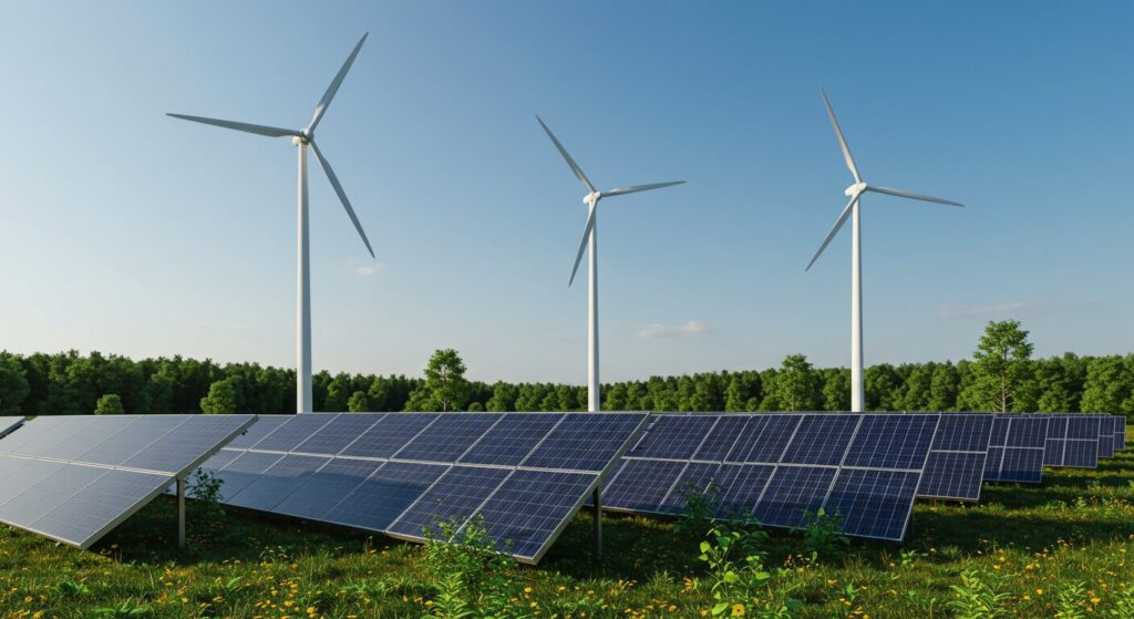 風力発電機と太陽光パネル