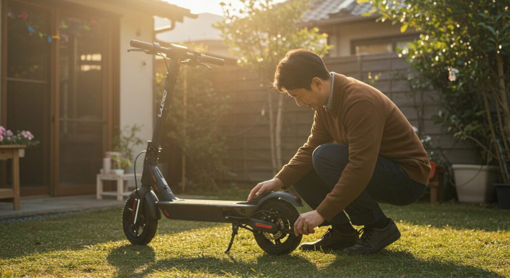 庭で電動キックボードを整備する男性