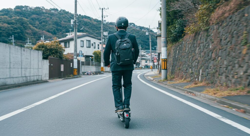 電動キックボードに乗る人の後ろ姿