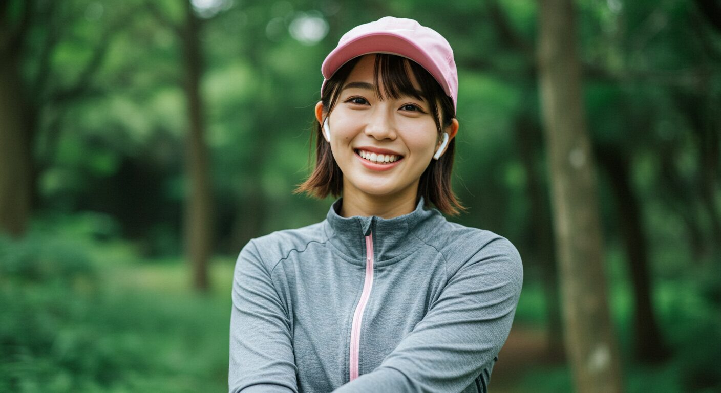 笑顔の女性がピンクの帽子とイヤホンを着けて森にいる