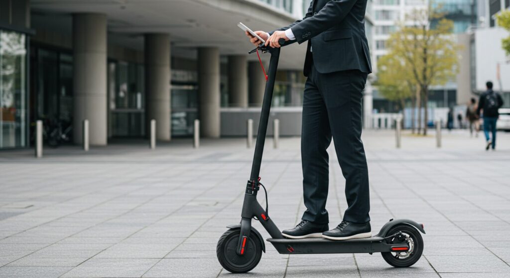 電動キックボードに乗るスーツ姿の男性