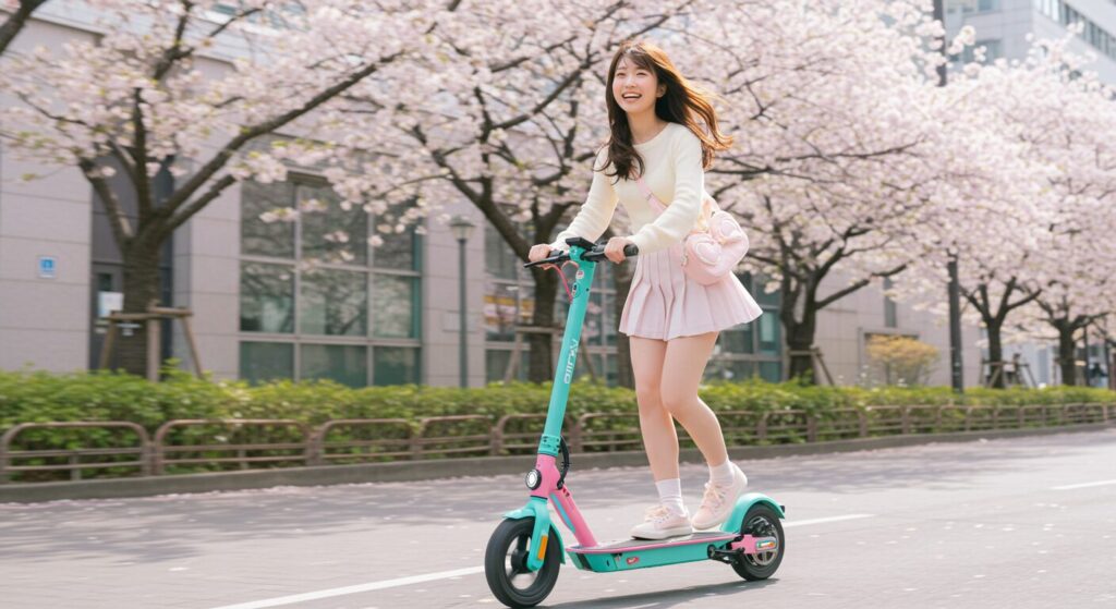 桜並木を電動キックボードで走る笑顔の女性