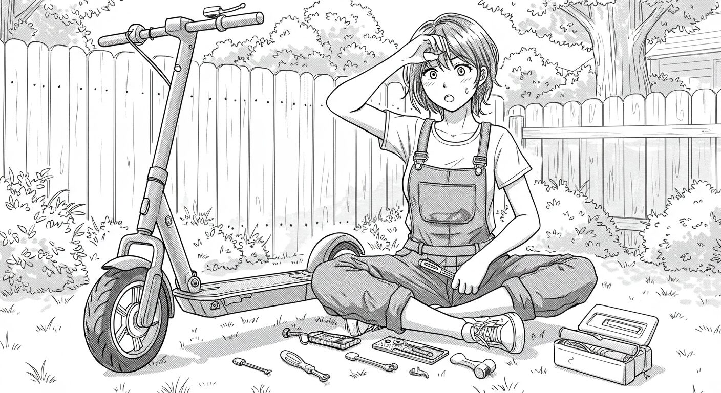 電動キックボードを修理しようとして困っている女性のイラスト