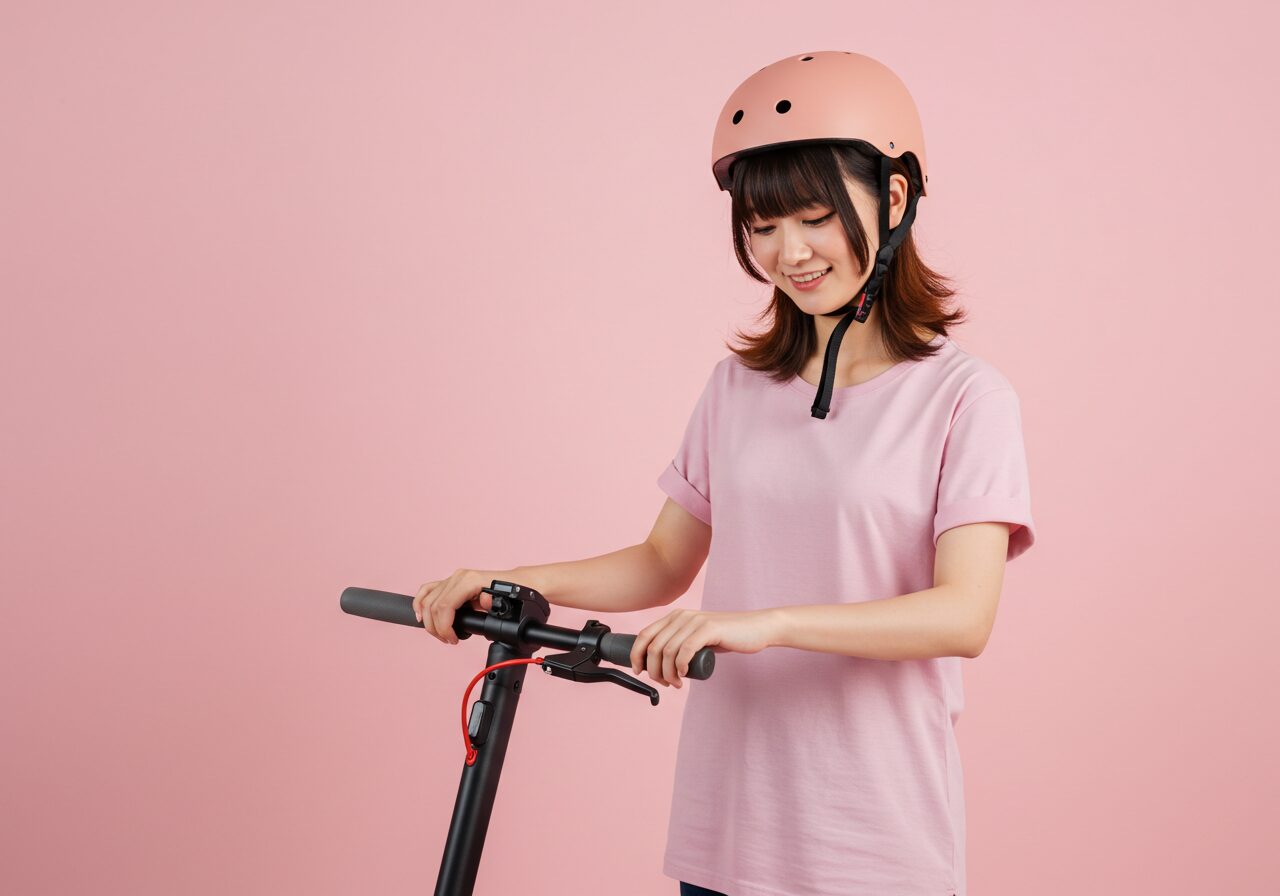 電動キックスケーターに乗るヘルメットをかぶった女性