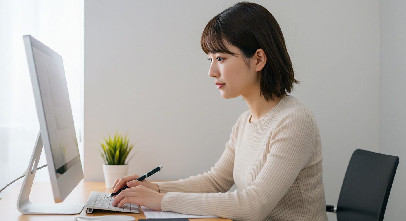 パソコンに向かって作業する女性