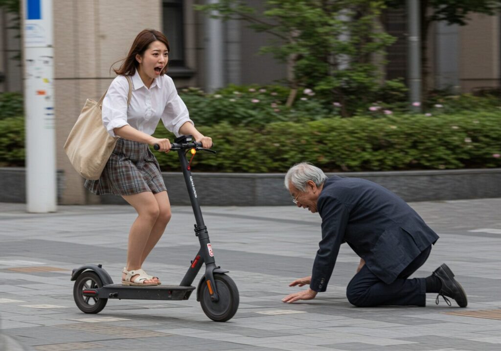 電動キックスケーターに乗る女性と転倒した男性