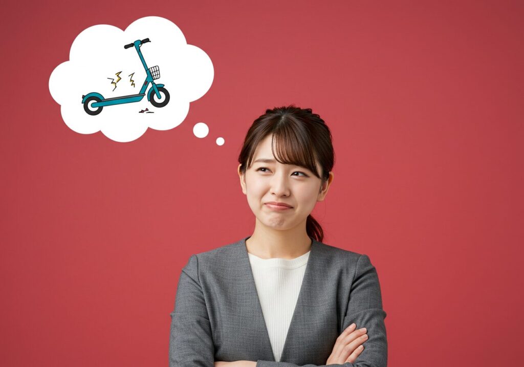 電動キックボードについて考える女性