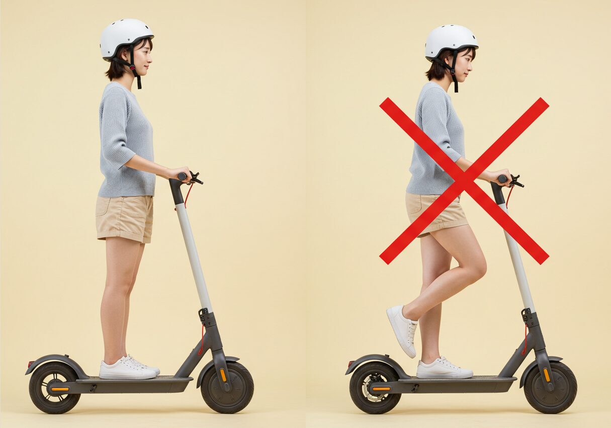 電動キックボードに乗る際の正しい乗り方と間違った乗り方の比較