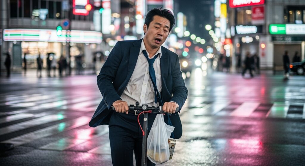 疲れ切った様子のスーツ姿の男性が夜の街を電動キックボードで移動している様子