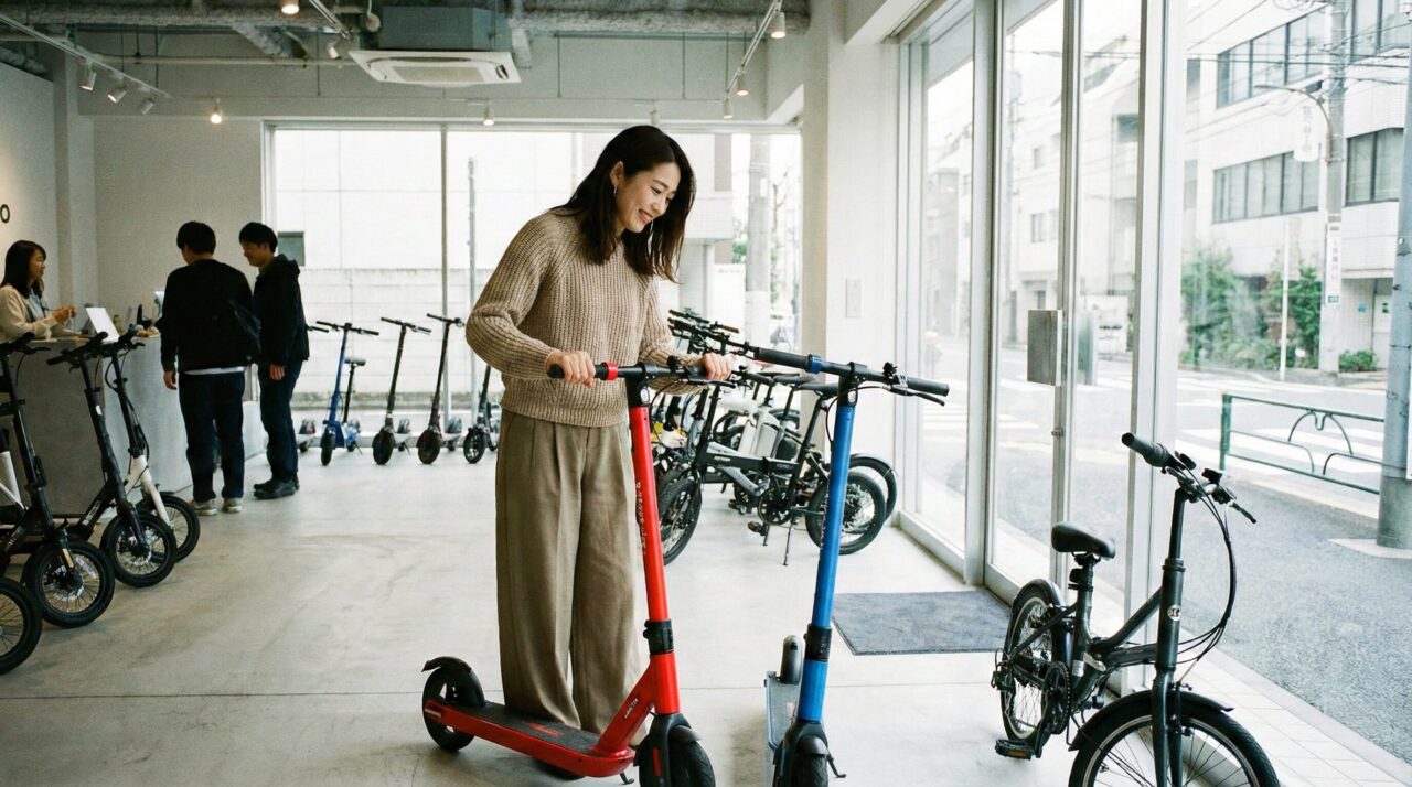 電動キックボードの実店舗で試乗する女性