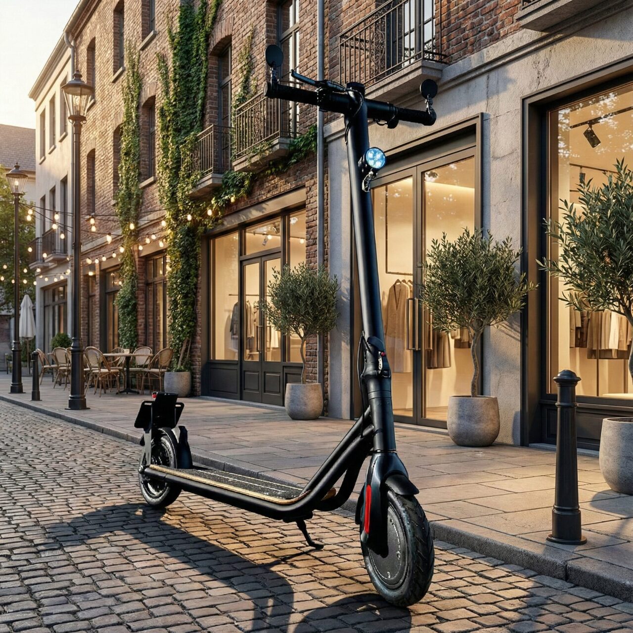 都会の石畳に駐車された黒い電動キックボード「Meister F（マイスターF）」
