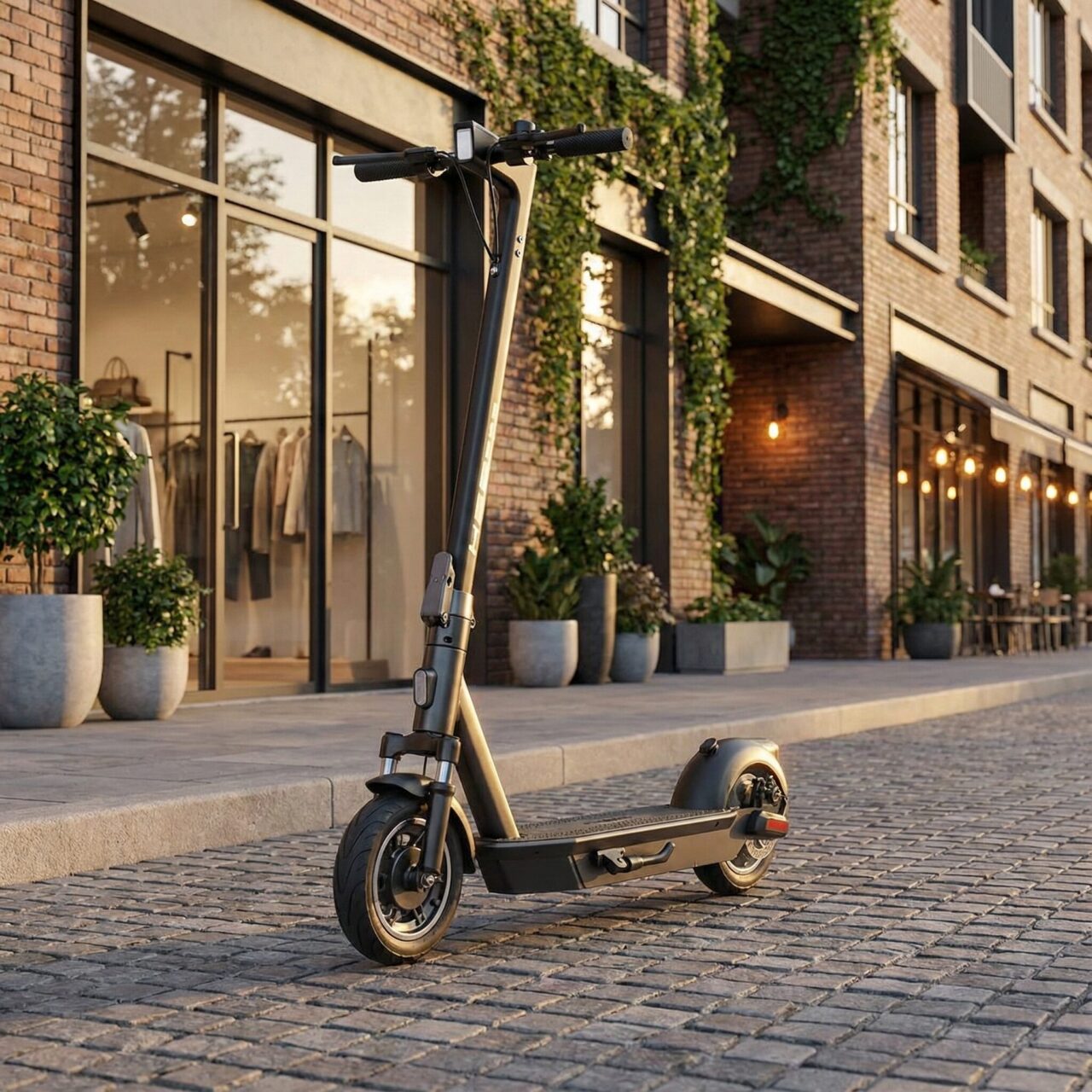 街並みに停められた電動キックボード「YADEA KS6 PRO（ヤデア KS6 プロ）」