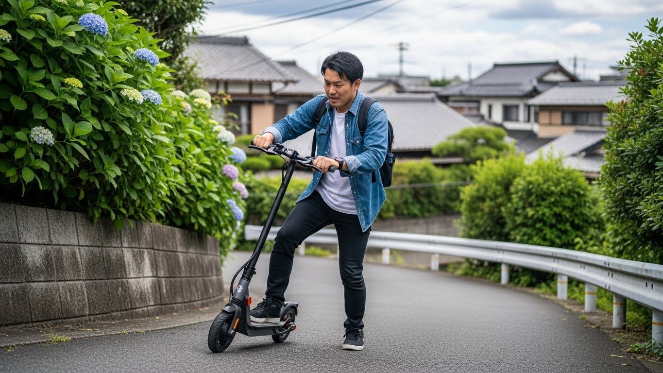電動キックスケーターに乗る男性と紫陽花のある風景