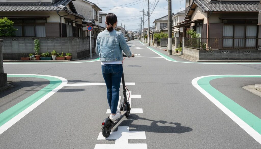 住宅街の道路を電動キックボードで走る女性の後ろ姿