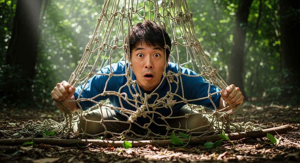 森の中で網にかかった驚いた表情の男性