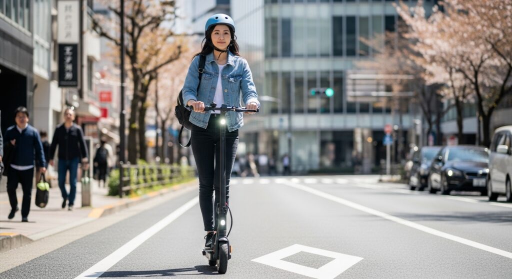電動キックボードに乗るヘルメットをかぶった女性