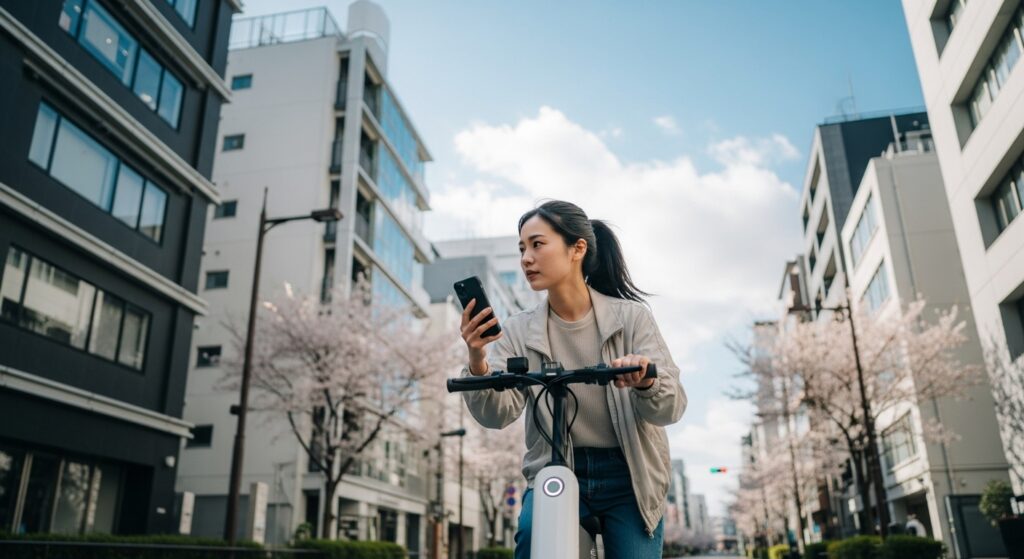 桜並木を電動キックボードで走行中にスマホを見る女性